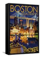 Boston, Massachusetts - Skyline at Night-Lantern Press-Framed Stretched Canvas