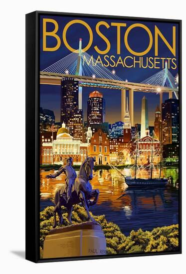 Boston, Massachusetts - Skyline at Night-Lantern Press-Framed Stretched Canvas