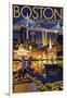 Boston, Massachusetts - Skyline at Night-Lantern Press-Framed Art Print