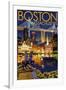 Boston, Massachusetts - Skyline at Night-Lantern Press-Framed Art Print