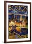 Boston, Massachusetts - Skyline at Night-Lantern Press-Framed Art Print