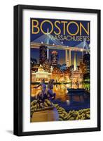 Boston, Massachusetts - Skyline at Night-Lantern Press-Framed Art Print