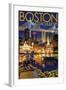 Boston, Massachusetts - Skyline at Night-Lantern Press-Framed Art Print