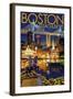 Boston, Massachusetts - Skyline at Night-Lantern Press-Framed Art Print