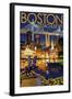 Boston, Massachusetts - Skyline at Night-Lantern Press-Framed Art Print