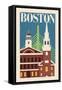 Boston, Massachusetts - Woodblock-Lantern Press-Framed Stretched Canvas