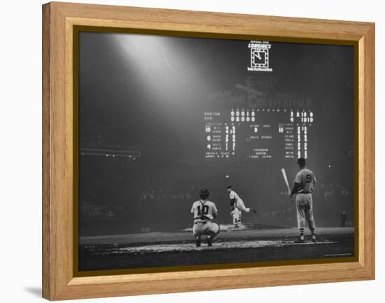 Boston Red Sox Player Ted Williams, While Watching Pitcher Warm-up. Catcher Sherm Lollar-Frank Scherschel-Framed Stretched Canvas