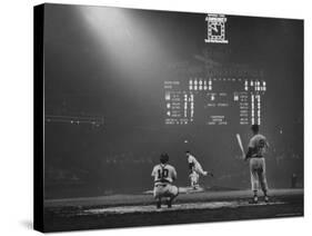 Boston Red Sox Player Ted Williams, While Watching Pitcher Warm-up. Catcher Sherm Lollar-Frank Scherschel-Stretched Canvas