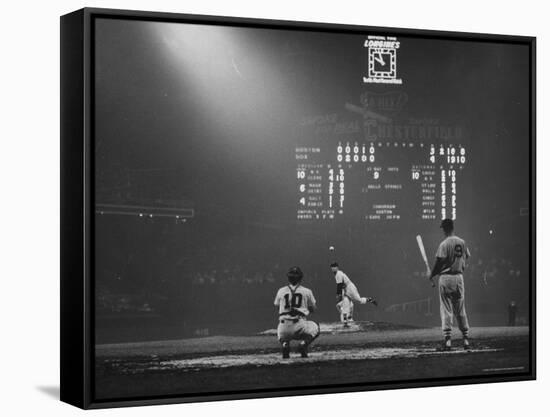 Boston Red Sox Player Ted Williams, While Watching Pitcher Warm-up. Catcher Sherm Lollar-Frank Scherschel-Framed Stretched Canvas