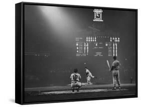 Boston Red Sox Player Ted Williams, While Watching Pitcher Warm-up. Catcher Sherm Lollar-Frank Scherschel-Framed Stretched Canvas