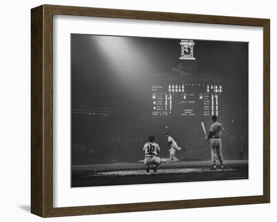 Boston Red Sox Player Ted Williams, While Watching Pitcher Warm-up. Catcher Sherm Lollar-Frank Scherschel-Framed Premium Photographic Print