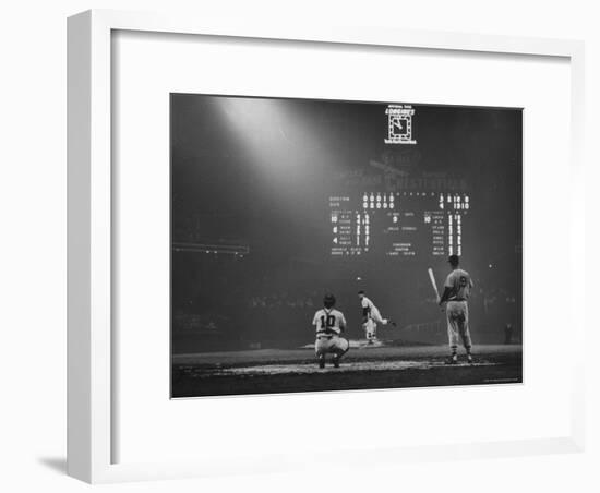 Boston Red Sox Player Ted Williams, While Watching Pitcher Warm-up. Catcher Sherm Lollar-Frank Scherschel-Framed Premium Photographic Print