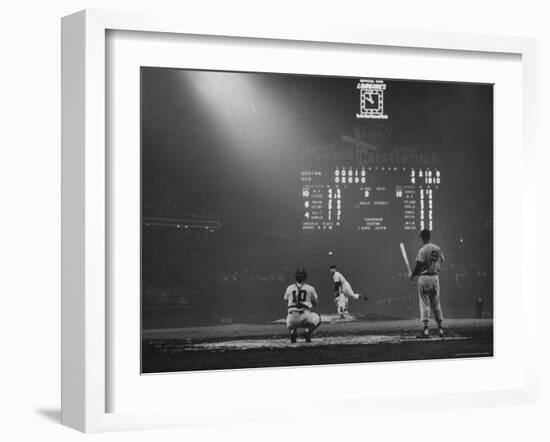 Boston Red Sox Player Ted Williams, While Watching Pitcher Warm-up. Catcher Sherm Lollar-Frank Scherschel-Framed Premium Photographic Print