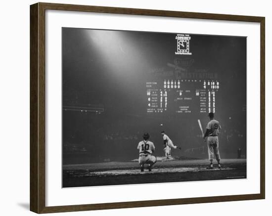 Boston Red Sox Player Ted Williams, While Watching Pitcher Warm-up. Catcher Sherm Lollar-Frank Scherschel-Framed Premium Photographic Print