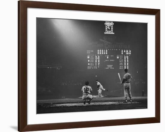 Boston Red Sox Player Ted Williams, While Watching Pitcher Warm-up. Catcher Sherm Lollar-Frank Scherschel-Framed Premium Photographic Print