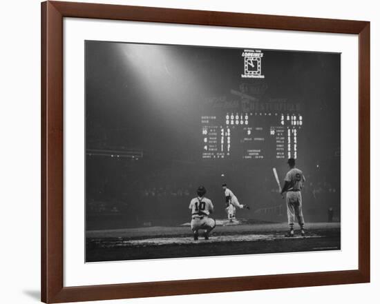 Boston Red Sox Player Ted Williams, While Watching Pitcher Warm-up. Catcher Sherm Lollar-Frank Scherschel-Framed Premium Photographic Print