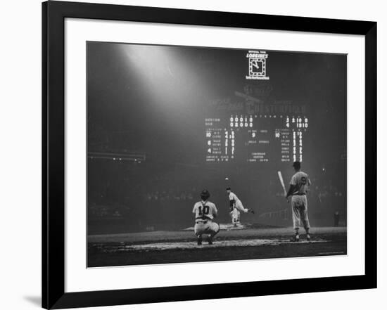 Boston Red Sox Player Ted Williams, While Watching Pitcher Warm-up. Catcher Sherm Lollar-Frank Scherschel-Framed Premium Photographic Print