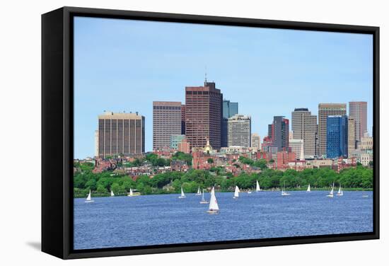 Boston Skyline over Charles River with Sailing Boat.-Songquan Deng-Framed Stretched Canvas