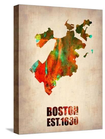 Boston Watercolor Map-NaxArt-Stretched Canvas