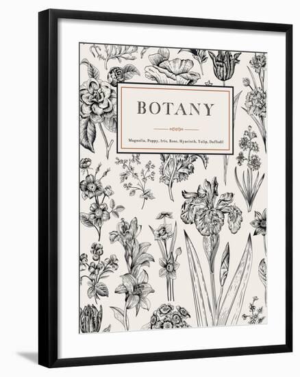 Botany. Vintage Floral Card. Vector Illustration of Style Engravings. Black and White Flowers.-Olga Korneeva-Framed Art Print