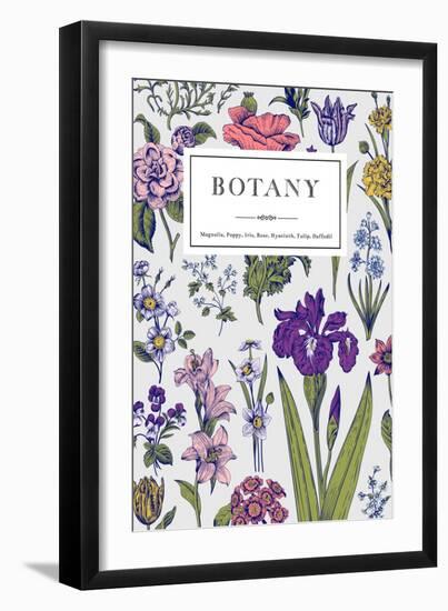 Botany. Vintage Floral Card. Vector Illustration of Style Engravings. Colorful Flowers with Blue Ou-Olga Korneeva-Framed Art Print