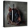 Bottle of Red Wine with Grapes and Dried Vine Leaves on an Old Stone Background.-igorr1-Stretched Canvas