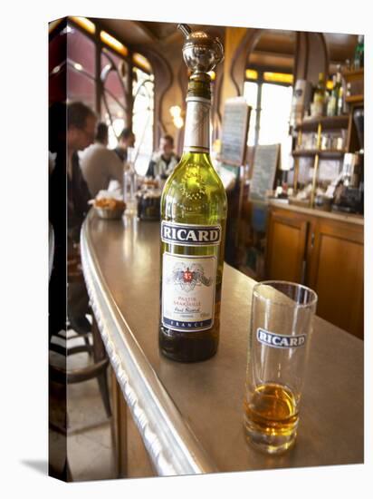 Bottle of Ricard 45 Pastis and Glass on Zinc Bar, Paris, France-Per Karlsson-Stretched Canvas