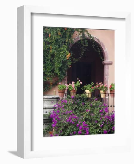 Bougainvillea and Geranium Pots on Wall in Courtyard, San Miguel De Allende, Mexico-Nancy Rotenberg-Framed Photographic Print