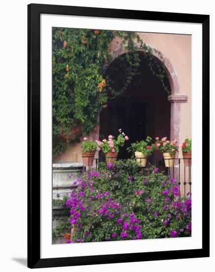 Bougainvillea and Geranium Pots on Wall in Courtyard, San Miguel De Allende, Mexico-Nancy Rotenberg-Framed Photographic Print