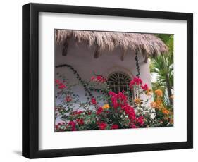 Bougenvilla Blooms Underneath a Thatch Roof, Puerto Vallarta, Mexico-Merrill Images-Framed Photographic Print