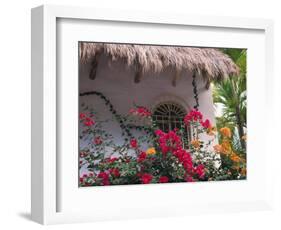 Bougenvilla Blooms Underneath a Thatch Roof, Puerto Vallarta, Mexico-Merrill Images-Framed Photographic Print