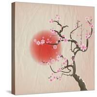 Bough of a Cherry Blossom Tree against Red Sun. Crumpled Paper Vintage Effect. Eps10 Vector Format.-Jane Rix-Stretched Canvas