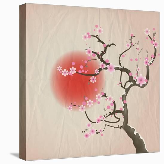 Bough of a Cherry Blossom Tree against Red Sun. Crumpled Paper Vintage Effect. Eps10 Vector Format.-Jane Rix-Stretched Canvas