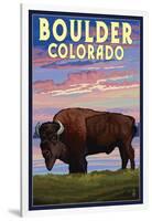 Boulder, Colorado - Bison and Sunset-Lantern Press-Framed Art Print