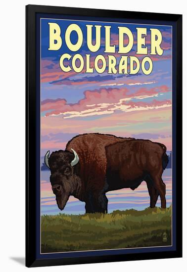 Boulder, Colorado - Bison and Sunset-Lantern Press-Framed Art Print