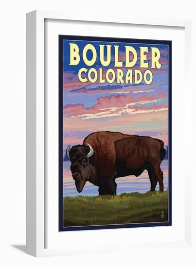 Boulder, Colorado - Bison and Sunset-Lantern Press-Framed Art Print