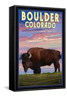 Boulder, Colorado - Bison and Sunset-Lantern Press-Framed Stretched Canvas