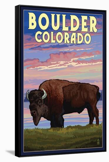 Boulder, Colorado - Bison and Sunset-Lantern Press-Framed Stretched Canvas