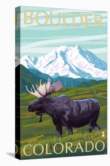 Boulder, Colorado, Moose and Mountain-Lantern Press-Stretched Canvas