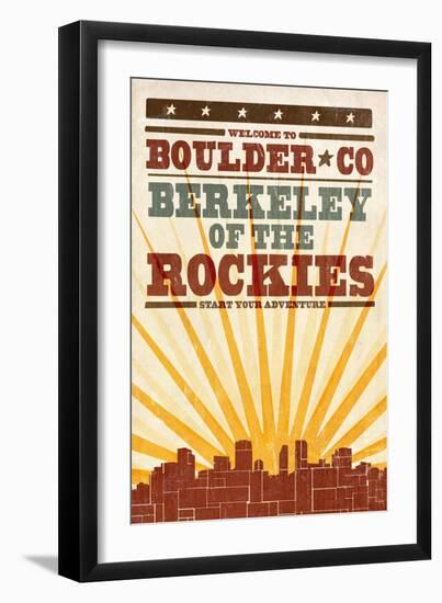Boulder, Colorado - Skyline and Sunburst Screenprint Style-Lantern Press-Framed Art Print