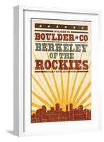 Boulder, Colorado - Skyline and Sunburst Screenprint Style-Lantern Press-Framed Art Print