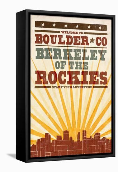 Boulder, Colorado - Skyline and Sunburst Screenprint Style-Lantern Press-Framed Stretched Canvas