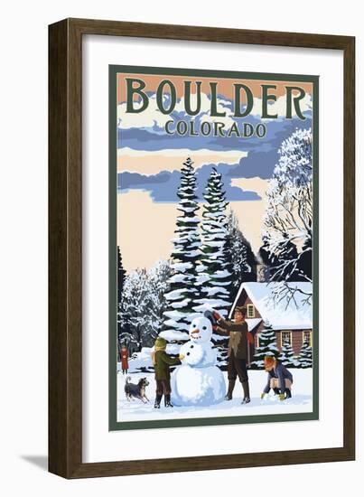 Boulder, Colorado - Snowman Scene-Lantern Press-Framed Art Print