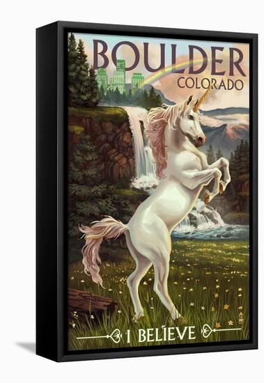 Boulder, Colorado - Unicorn Scene-Lantern Press-Framed Stretched Canvas