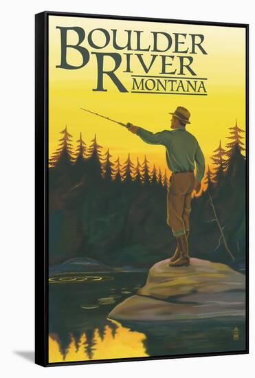 Boulder River, Montana - Fly Fishing Scene-Lantern Press-Framed Stretched Canvas