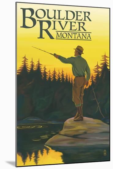 Boulder River, Montana - Fly Fishing Scene-Lantern Press-Mounted Art Print