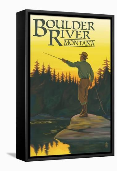 Boulder River, Montana - Fly Fishing Scene-Lantern Press-Framed Stretched Canvas