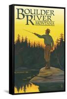 Boulder River, Montana - Fly Fishing Scene-Lantern Press-Framed Stretched Canvas