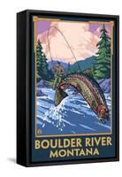 Boulder River, Montana - Fly Fishing Scene-Lantern Press-Framed Stretched Canvas