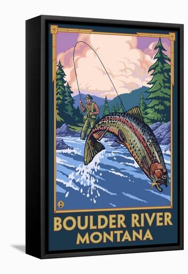 Boulder River, Montana - Fly Fishing Scene-Lantern Press-Framed Stretched Canvas
